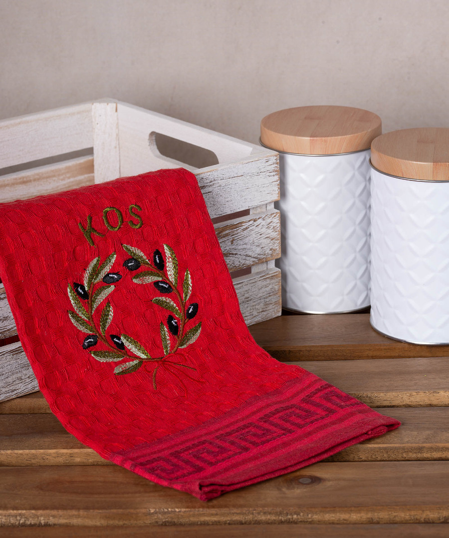 kos-stefani-kokkino Σετ 12 τεμαχίων ποτηρόπανα γκοφρέ (50cm x 70cm) κόκκινο στεφάνι KOS SilkFashion - Image 1