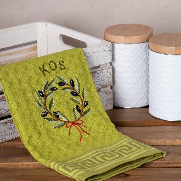 Σετ 12 τεμαχίων ποτηρόπανα γκοφρέ (50cm x 70cm) πράσινο στεφάνι KOS SilkFashion