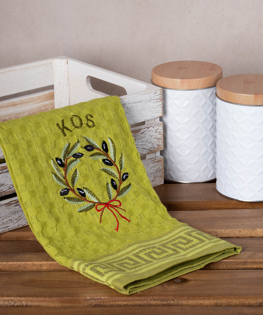 kos-stefani-prasino Σετ 12 τεμαχίων ποτηρόπανα γκοφρέ (50cm x 70cm) πράσινο στεφάνι KOS SilkFashion - Image 1