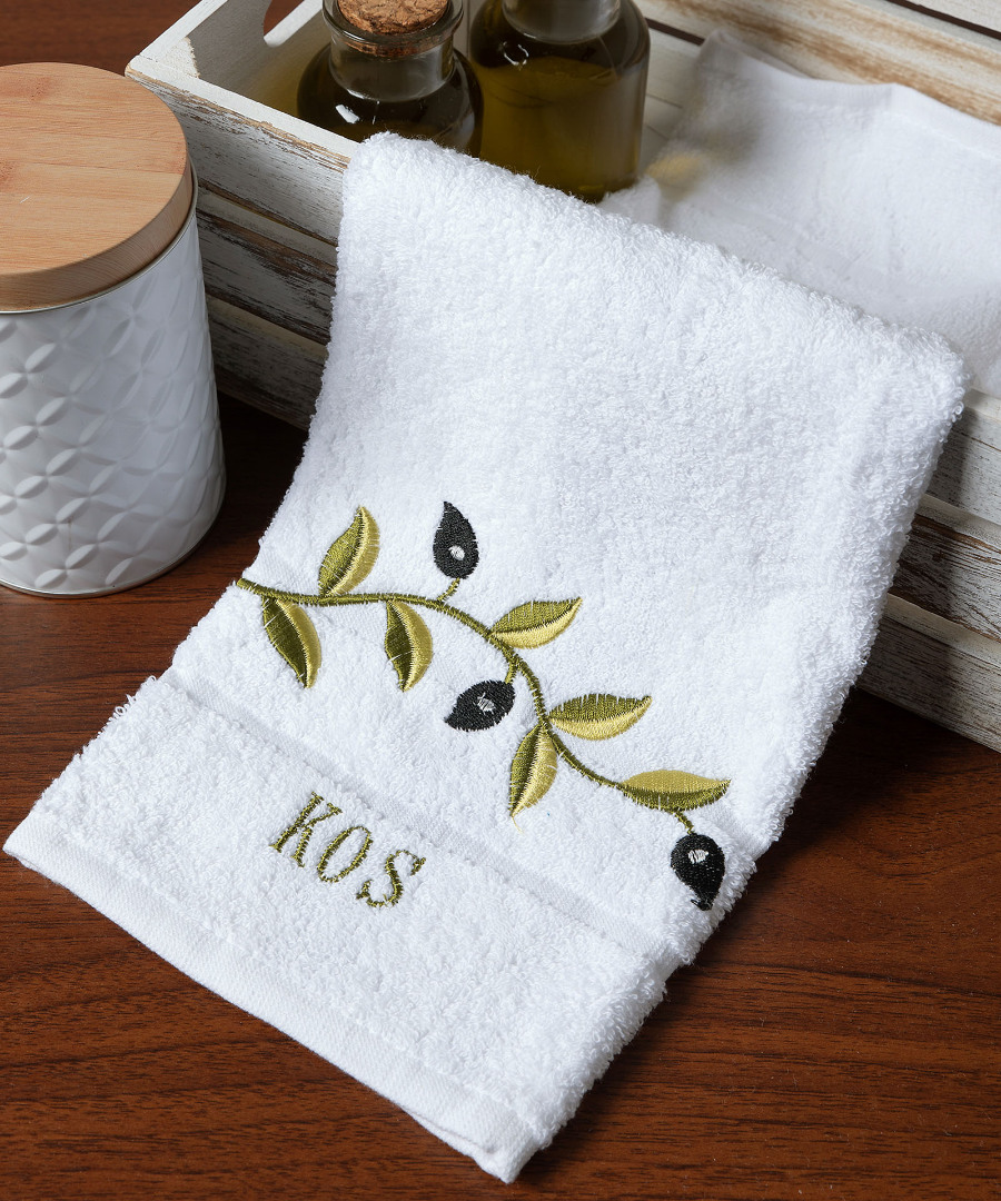 kos-white Πετσέτα Προσώπου ( 50cm x 100cm ) Λευκό με Κλαδί ΚΩΣ SilkFashion - Image 1