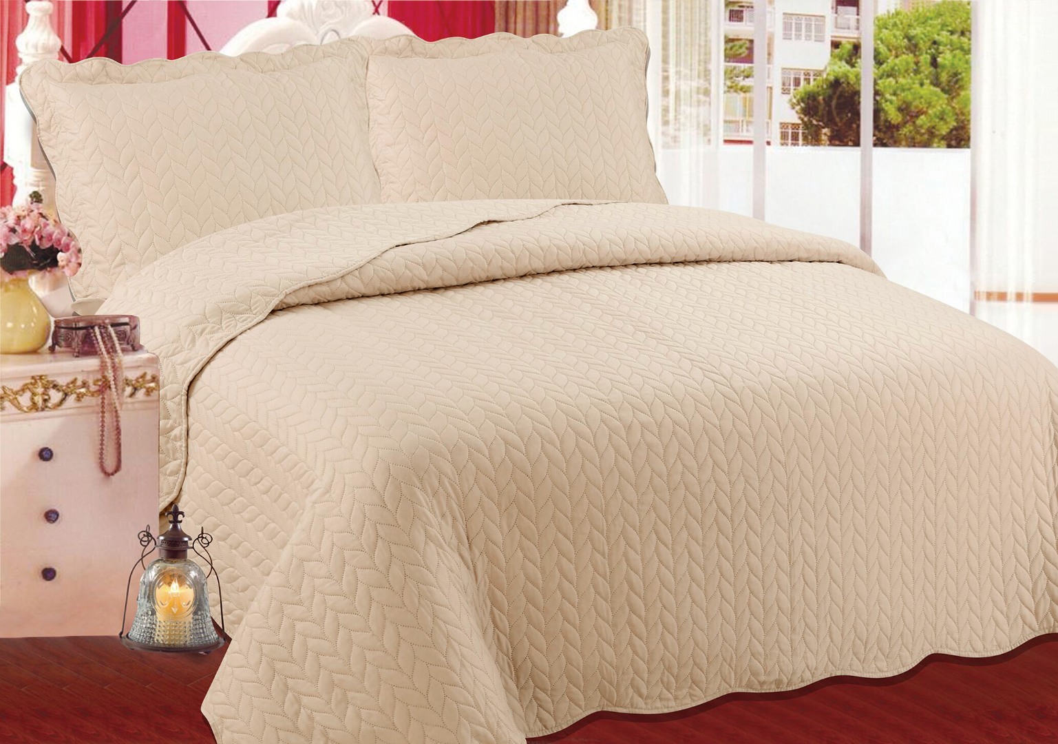 lightbrowna ΚΟΥΒΕΡΛΙ σετ (220cm x 240cm + 2 x 50cm x 70cm) φύλλο light brown SilkFashion - Image 1