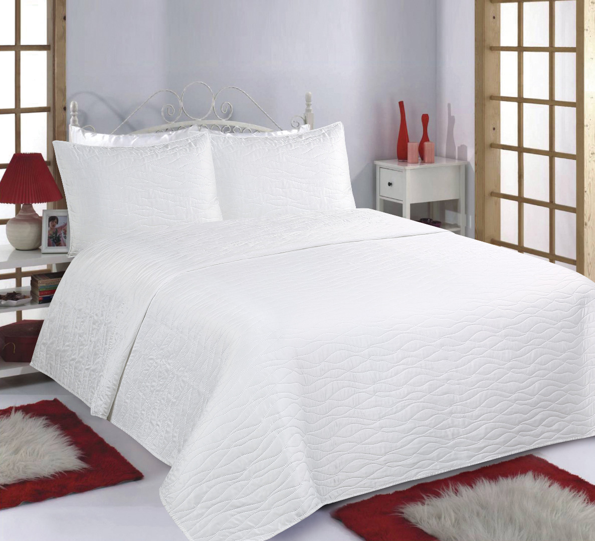 microsatin-waves ΚΟΥΒΕΡΛΙ σετ (240cm x 260cm + 2 x 50cm x 70cm) WAVES MICROSATIN ivory SilkFashion - Image 1