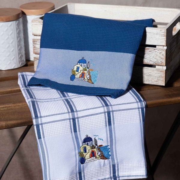 Σετ 2 τεμαχίων ποτηρόπανα (50cm x 70cm) εκκλησία μπλέ SilkFashion