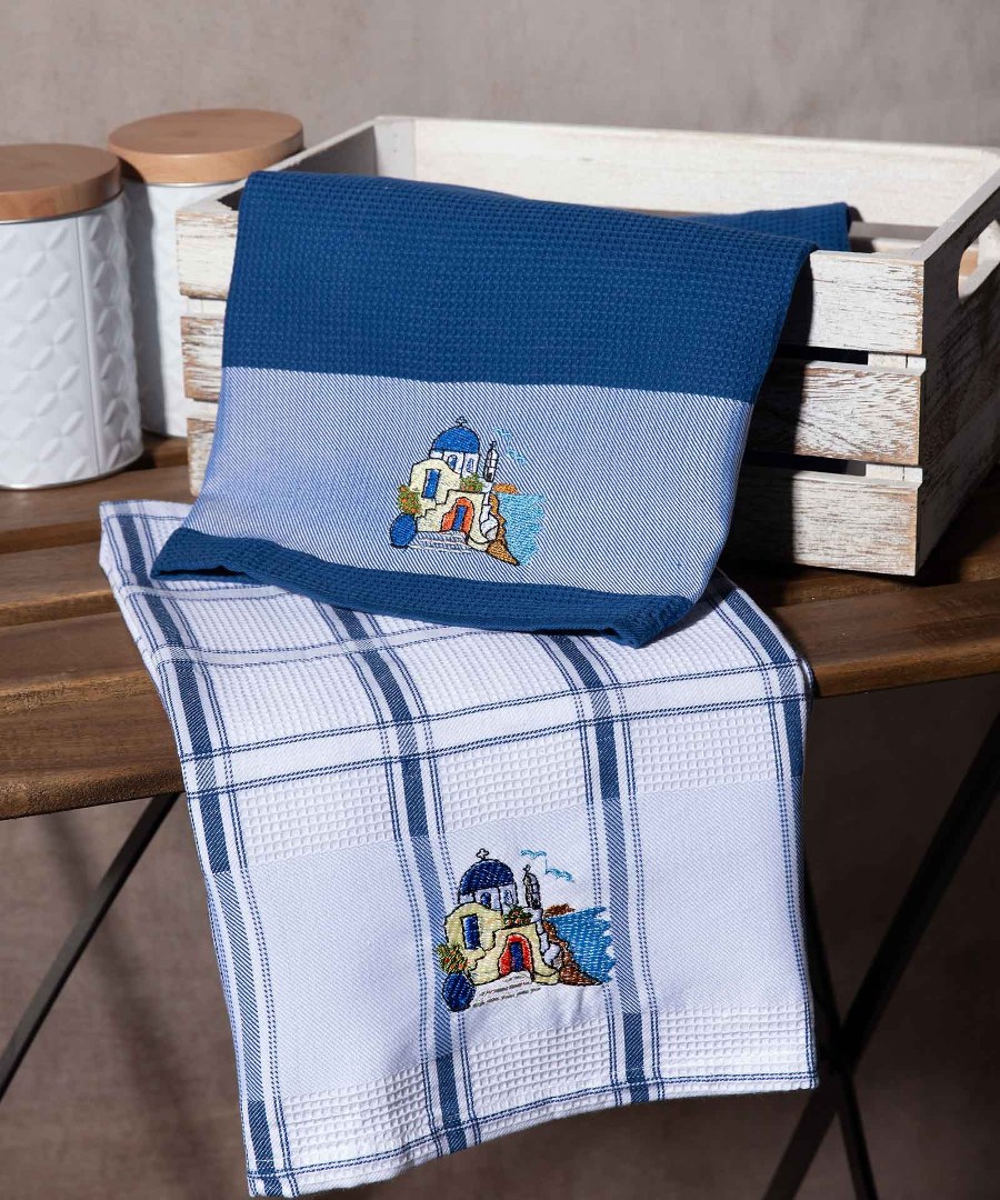 mple-naos Σετ 2 τεμαχίων ποτηρόπανα (50cm x 70cm) εκκλησία μπλέ SilkFashion - Image 1