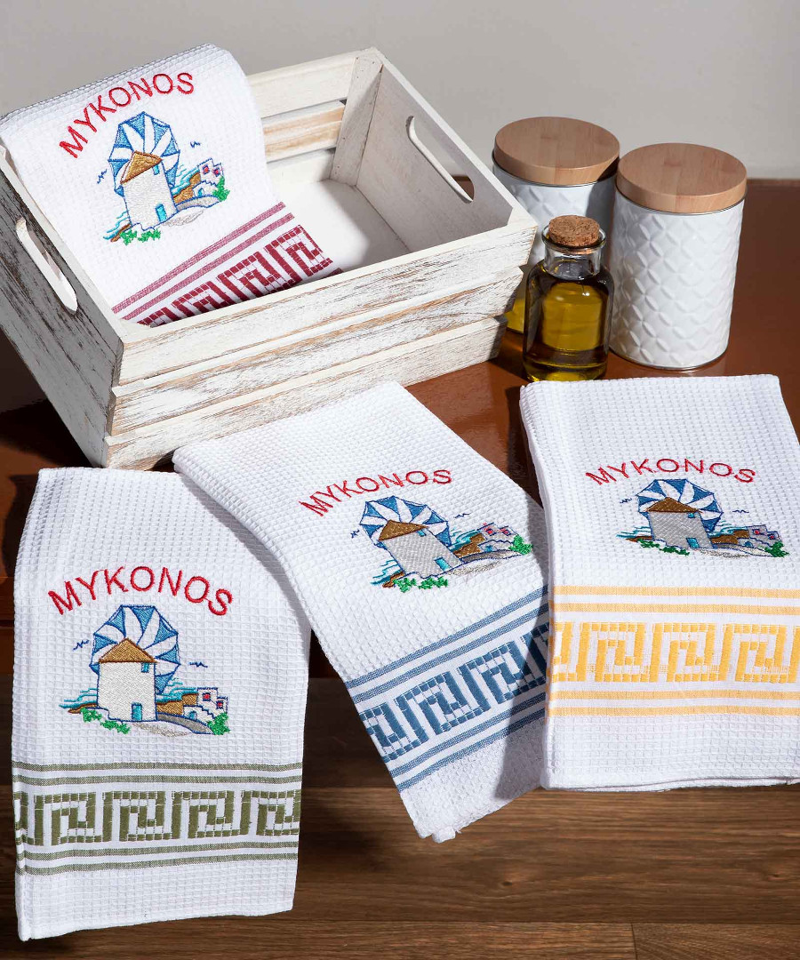 mykonos-anemomylos Σετ 12 τεμαχίων ποτηρόπανα (50cm x 70cm) ανεμόμυλος MYKONOS SilkFashion - Image 1