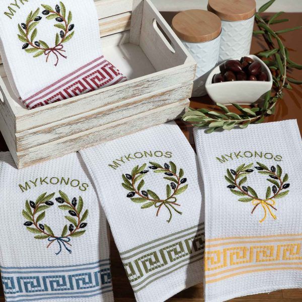 Σετ 12 τεμαχίων ποτηρόπανα (50cm x 70cm) στεφάνι MYKONOS SilkFashion