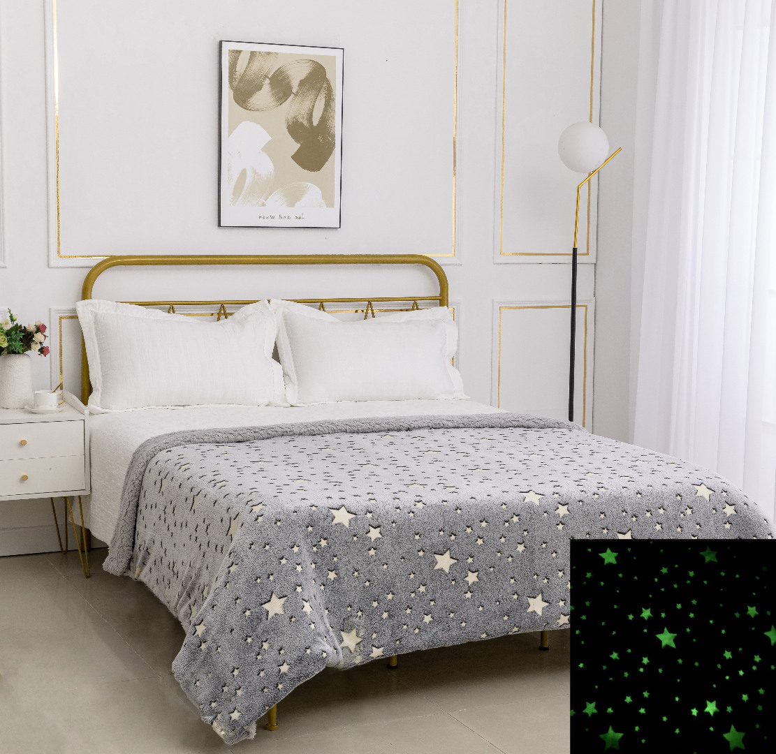 nx25-S1 Παιδική φωσφοριζέ κουβέρτα με sherpa star (170cm x 220cm) γκρί SilkFashion - Image 1