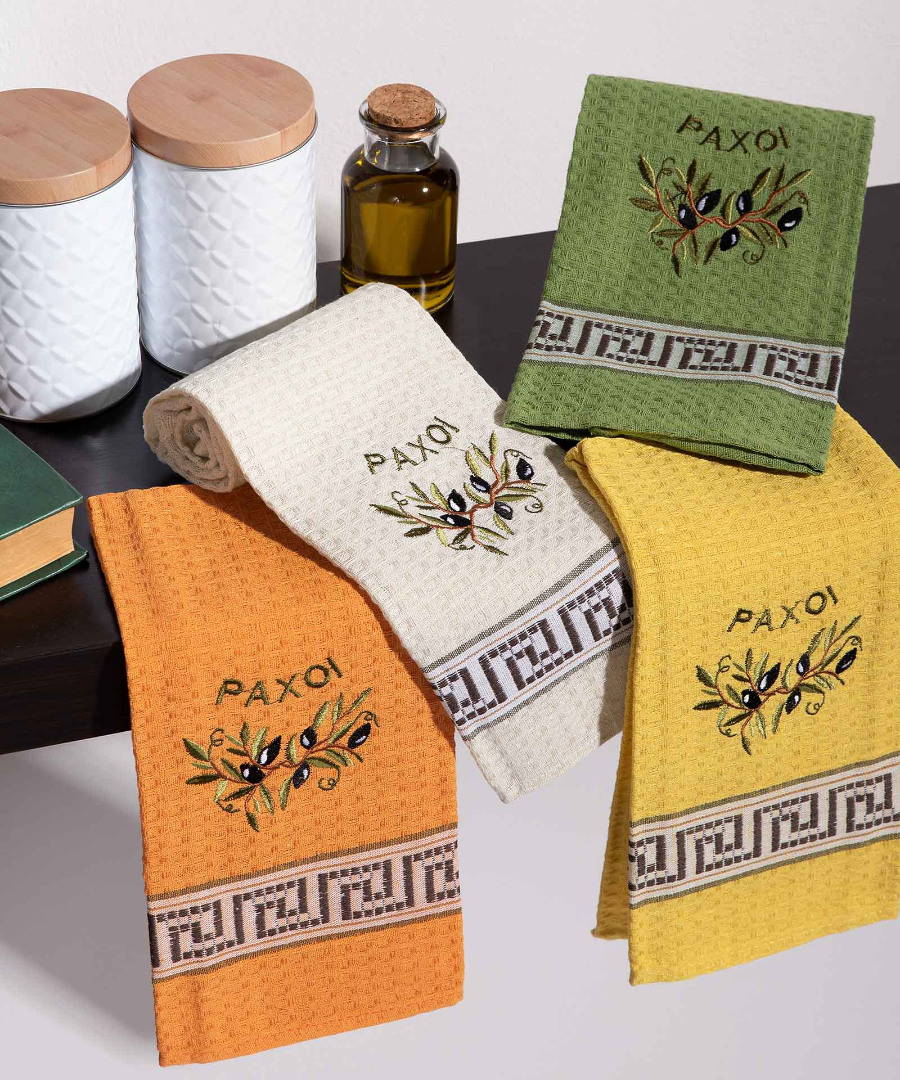paxoi-elies Σετ 12 τεμαχίων ποτηρόπανα (45cm x 65cm) κλαδί ελιάς χρωματιστό PAXOI SilkFashion - Image 1