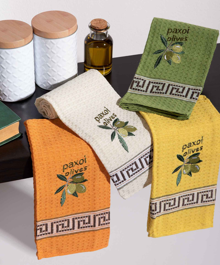 paxoi-olives Σετ 12 τεμαχίων ποτηρόπανα (45cm x 65cm) καρπός ελιάς PAXOI SilkFashion - Image 1