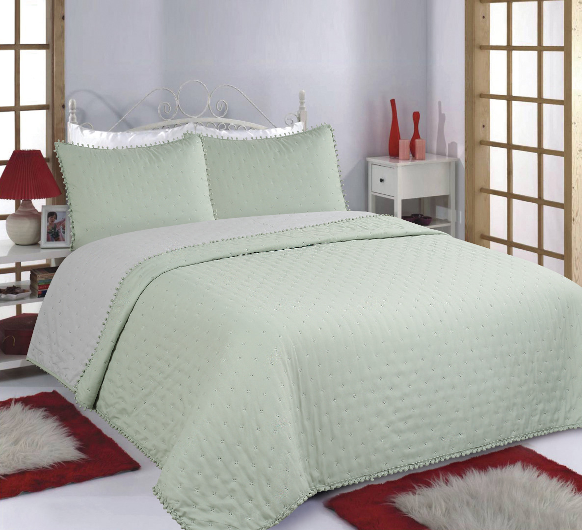 ponponmintgrey-1 ΚΟΥΒΕΡΛΙ σετ (220cm x 240cm +2x50cm x 70cm) PON-PON mint/grey SilkFashion - Image 1