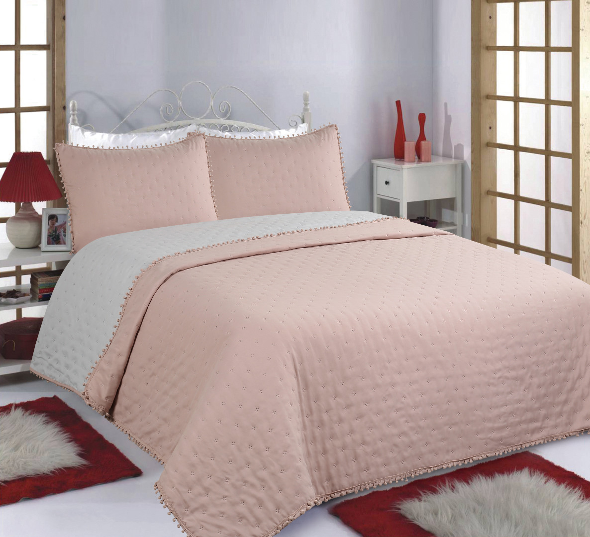 ponponpinkgrey-1 ΚΟΥΒΕΡΛΙ σετ (220cm x 240cm +2x50cm x 70cm) PON-PON pink/grey SilkFashion - Image 1