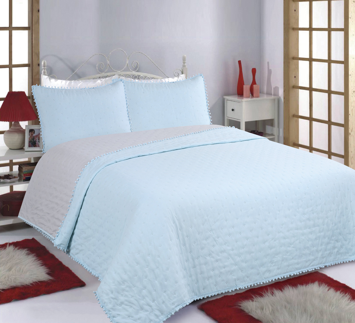 ponponskybluegrey-1 ΚΟΥΒΕΡΛΙ σετ (220cm x 240cm +2x50cm x 70cm) PON-PON sky blue/ grey SilkFashion - Image 1