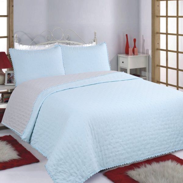 ΚΟΥΒΕΡΛΙ σετ (170cm x 240cm +50cm x 70cm) PON-PON sky blue/ grey SilkFashion