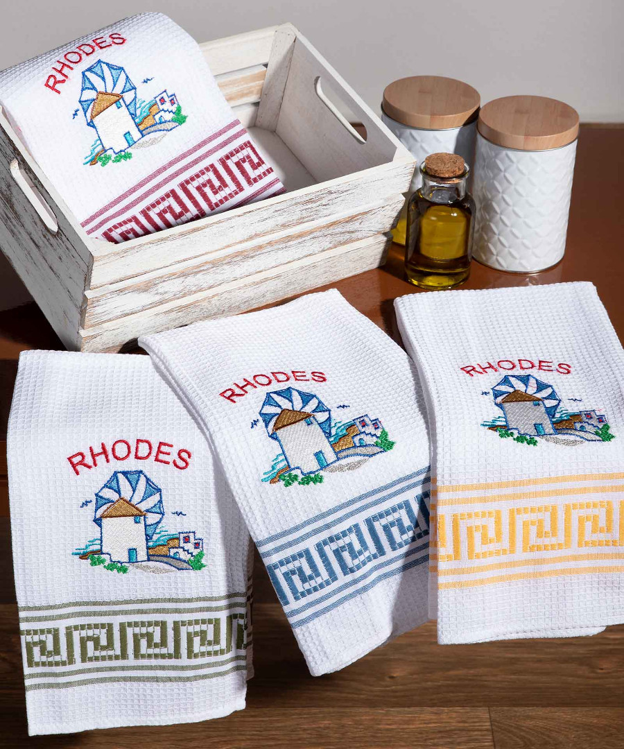 rhodes-anemomylos Σετ 12 τεμαχίων ποτηρόπανα (50cm x 70cm) ανεμόμυλος RHODES SilkFashion - Image 1