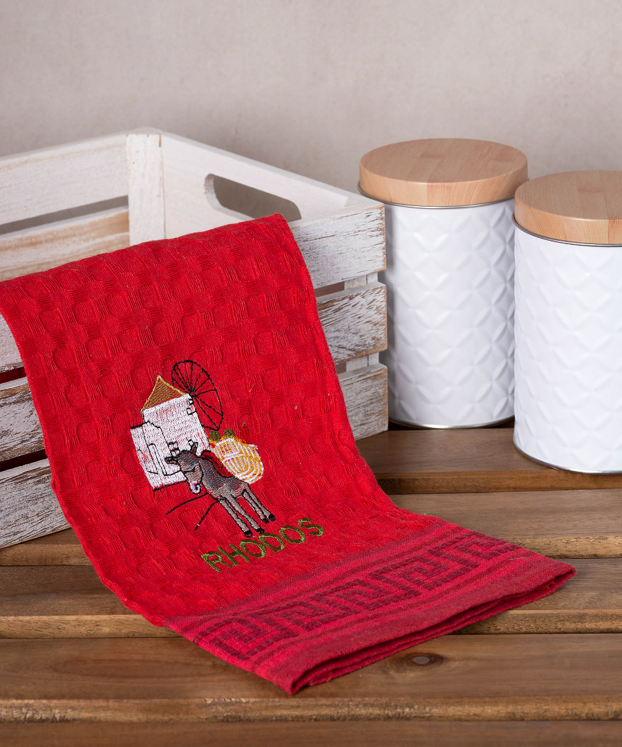 rhodos-gaidaros-kokkino Σετ 12 τεμαχίων ποτηρόπανα γκοφρέ (50cm x 70cm) κόκκινο γάιδαρος RHODES SilkFashion - Image 1