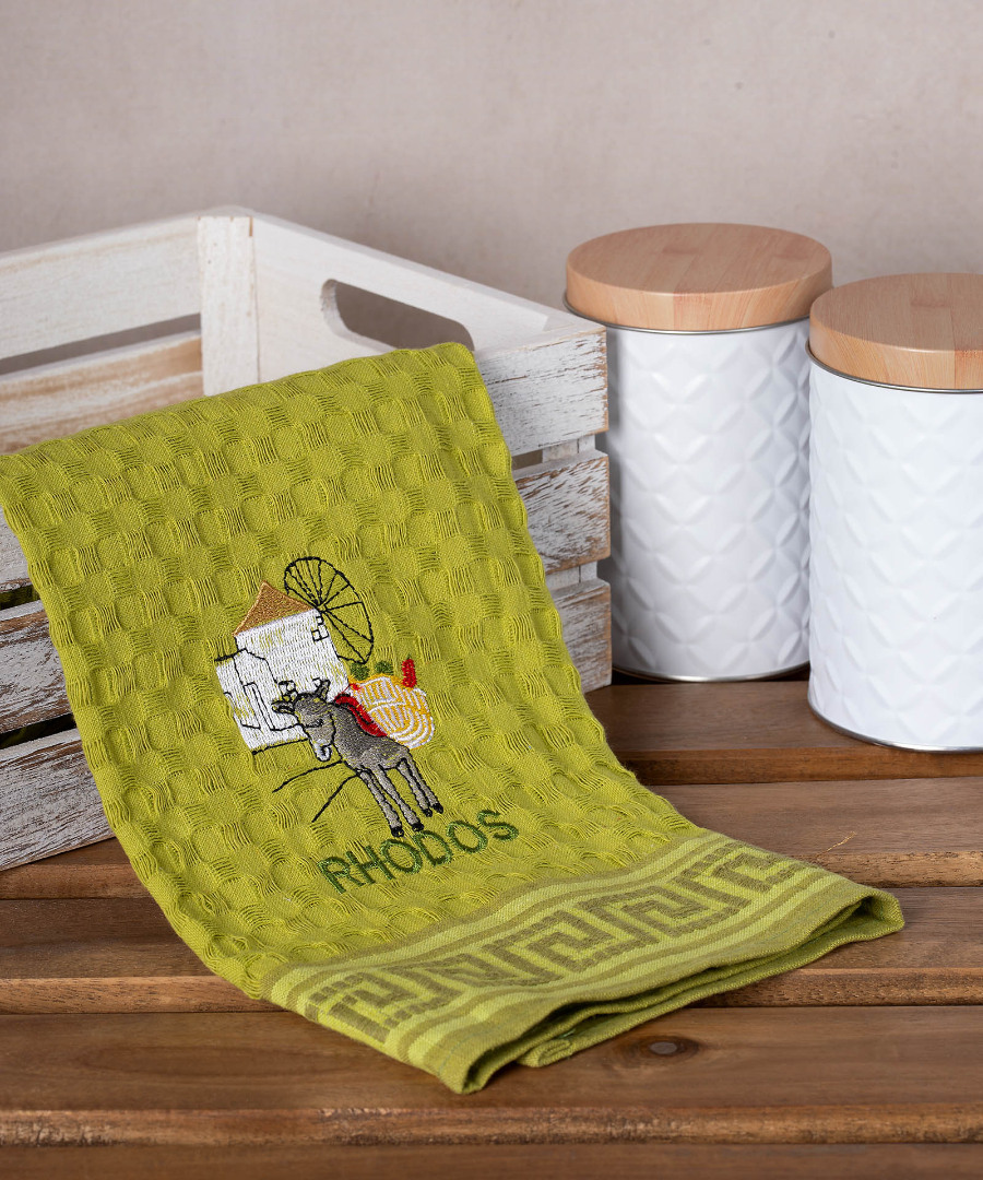 rhodos-gaidaros-prasino Σετ 12 τεμαχίων ποτηρόπανα γκοφρέ (50cm x 70cm) πράσινο γαίδαρος RHODES SilkFashion - Image 1