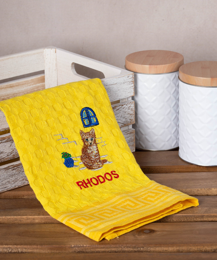 rhodos-gata-kitrino Σετ 12 τεμαχίων ποτηρόπανα γκοφρέ (50cm x 70cm) κίτρινο γάτα RHODES SilkFashion - Image 1