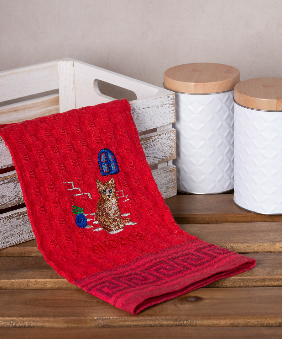 rhodos-gata-kokkino Σετ 12 τεμαχίων ποτηρόπανα γκοφρέ (50cm x 70cm) κόκκινο γάτα RHODES SilkFashion - Image 1