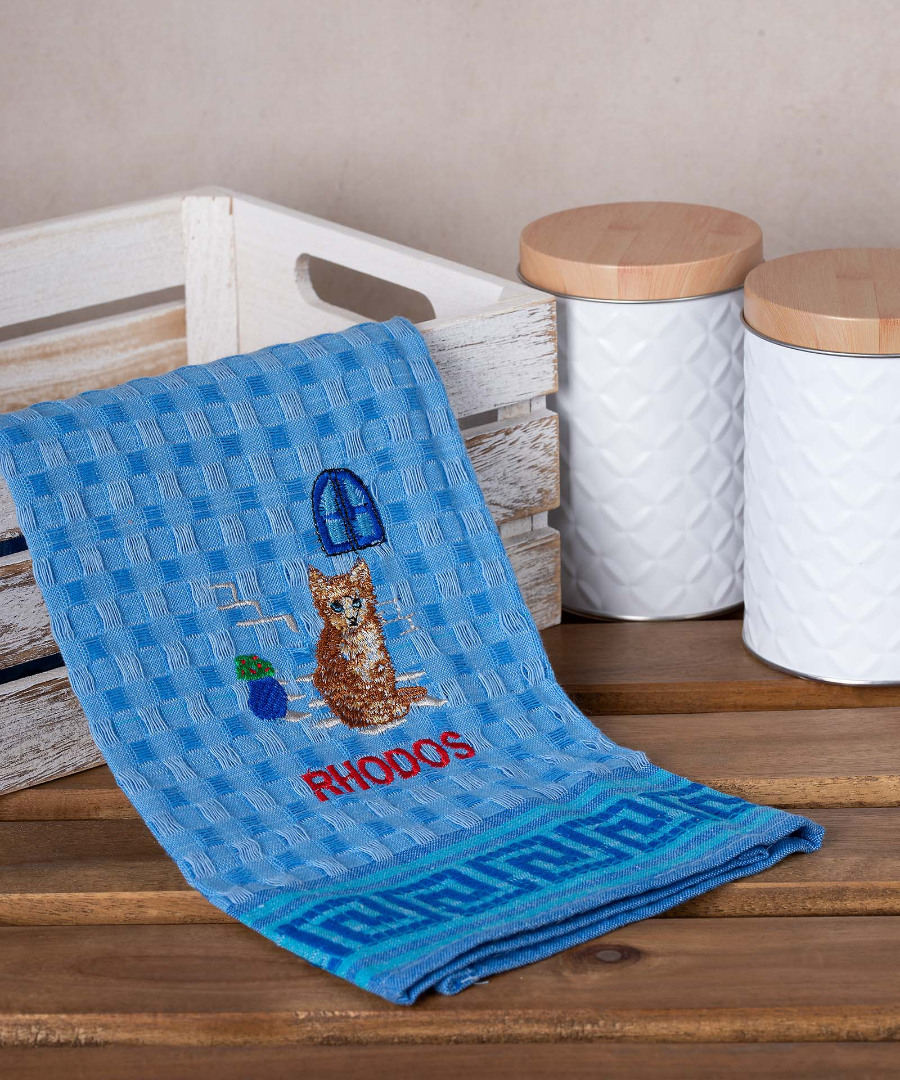 rhodos-gata-mple Σετ 12 τεμαχίων ποτηρόπανα γκοφρέ (50cm x 70cm) μπλέ γάτα RHODES SilkFashion - Image 1