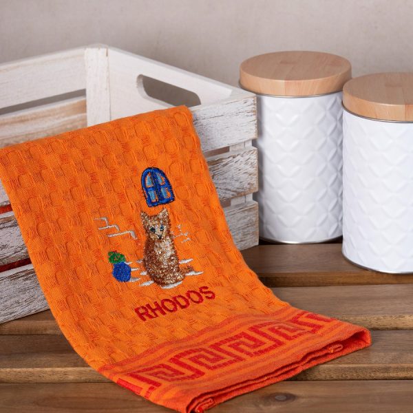 Σετ 12 τεμαχίων ποτηρόπανα γκοφρέ (50cm x 70cm) πορτοκαλί γάτα RHODES SilkFashion