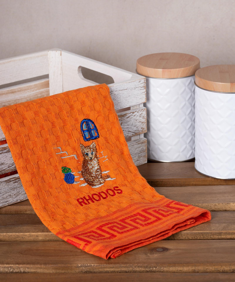 rhodos-gata-portokali Σετ 12 τεμαχίων ποτηρόπανα γκοφρέ (50cm x 70cm) πορτοκαλί γάτα RHODES SilkFashion - Image 1