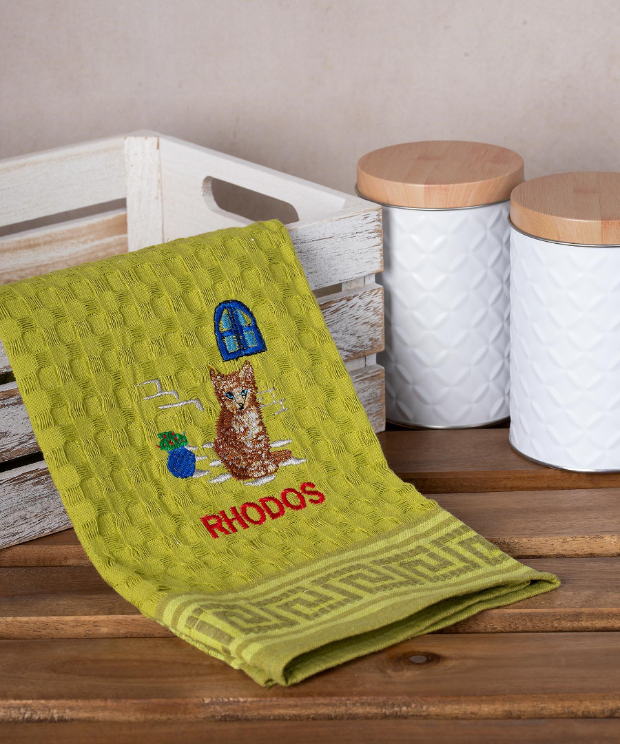 rhodos-gata-prasino Σετ 12 τεμαχίων ποτηρόπανα γκοφρέ (50cm x 70cm) πράσινο γάτα RHODES SilkFashion - Image 1