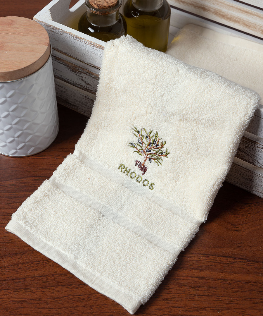 rhodos-glastra-ivory Δωδεκάδα πετσέτες χεριών (30cm x 50cm) ivory με γλάστρα ΡΟΔΟΣ SilkFashion - Image 1