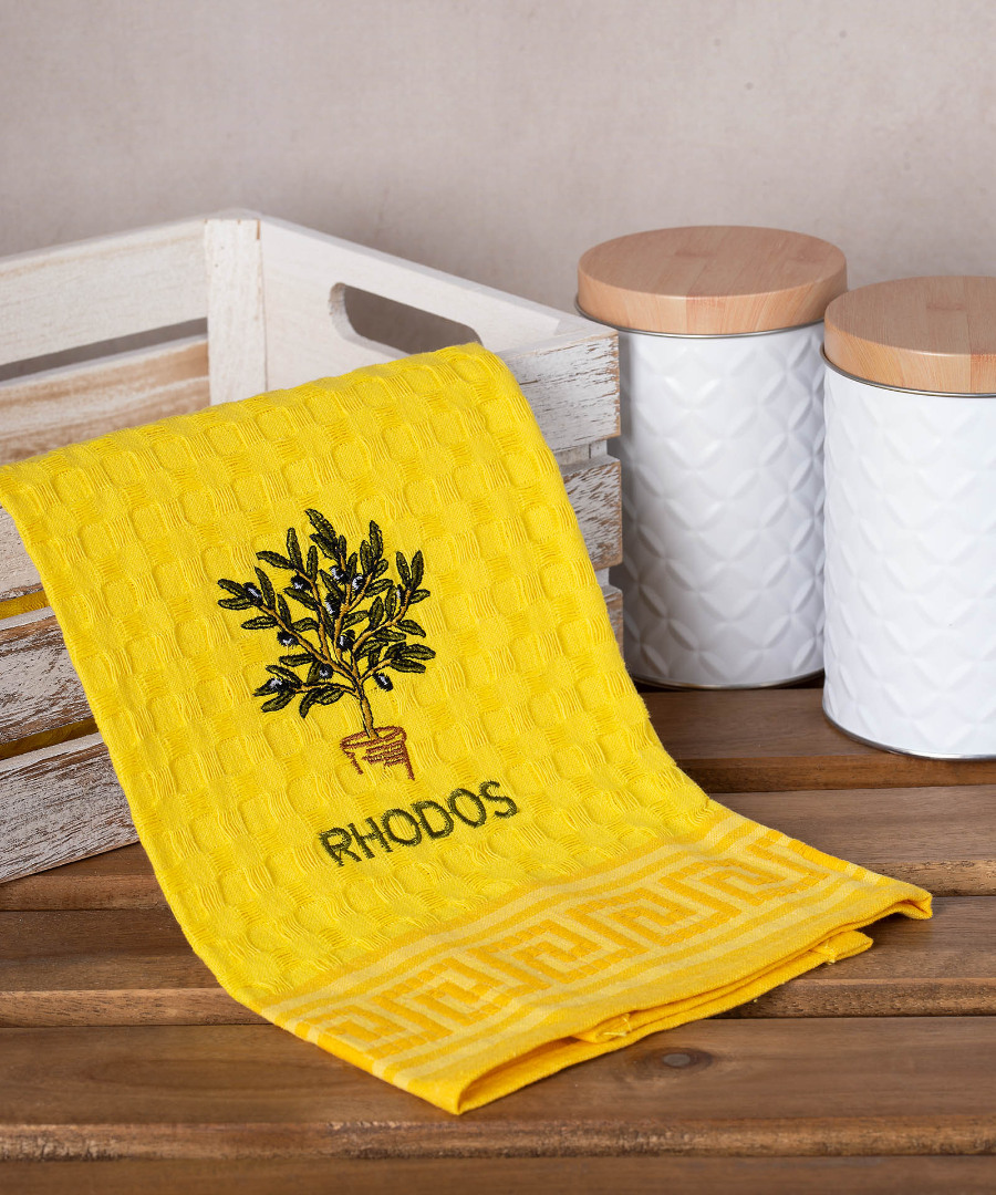 rhodos-glastra-kitrino Σετ 12 τεμαχίων ποτηρόπανα γκοφρέ (50cm x 70cm) κίτρινο γλάστρα RHODES SilkFashion - Image 1