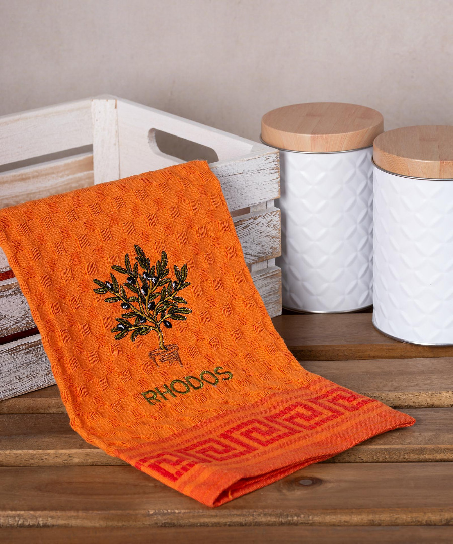 rhodos-glastra-portokali Σετ 12 τεμαχίων ποτηρόπανα γκοφρέ (50cm x 70cm) πορτοκαλί γλάστρα RHODES SilkFashion - Image 1