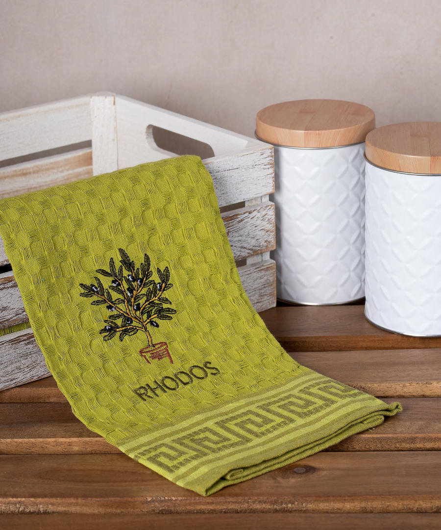 rhodos-glastra-prasino Σετ 12 τεμαχίων ποτηρόπανα γκοφρέ (50cm x 70cm) πράσινο γλάστρα RHODES SilkFashion - Image 1