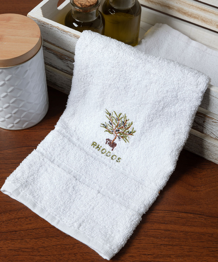 rhodos-glastra-white Δωδεκάδα πετσέτες χεριών (30cm x 50cm) λευκό με γλάστρα ΡΟΔΟΣ SilkFashion - Image 1