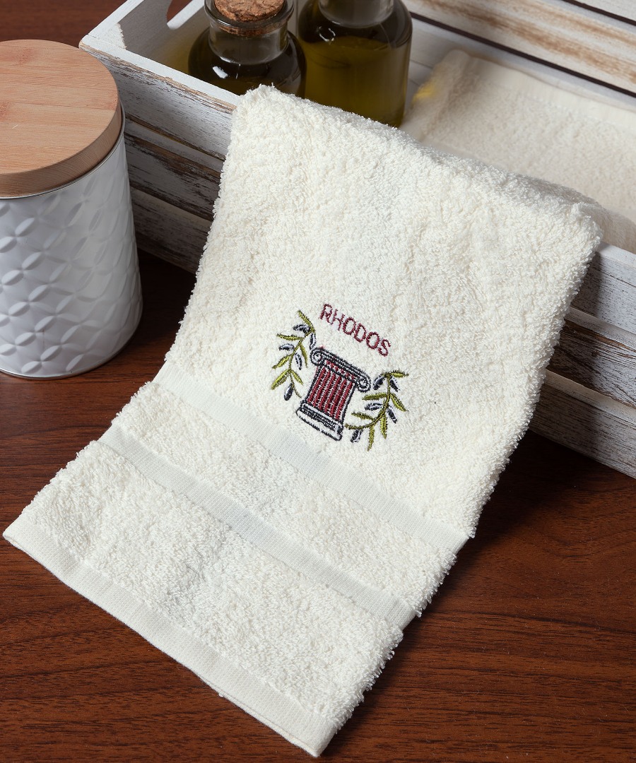 rhodos-kionas-ivory-1 Πετσέτα Προσώπου ( 50cm x 100cm ) Ivory με Κόκκινο Κίωνα ΡΟΔΟΣ SilkFashion - Image 1