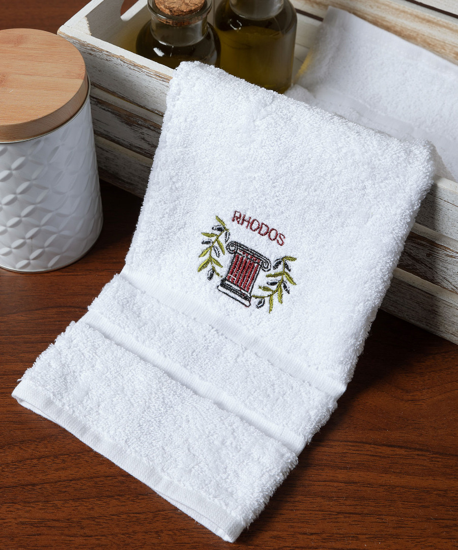 rhodos-kionas-white Δωδεκάδα πετσέτες χεριών (30cm x 50cm) λευκό με κόκκινο κίωνα ΡΟΔΟΣ SilkFashion - Image 1