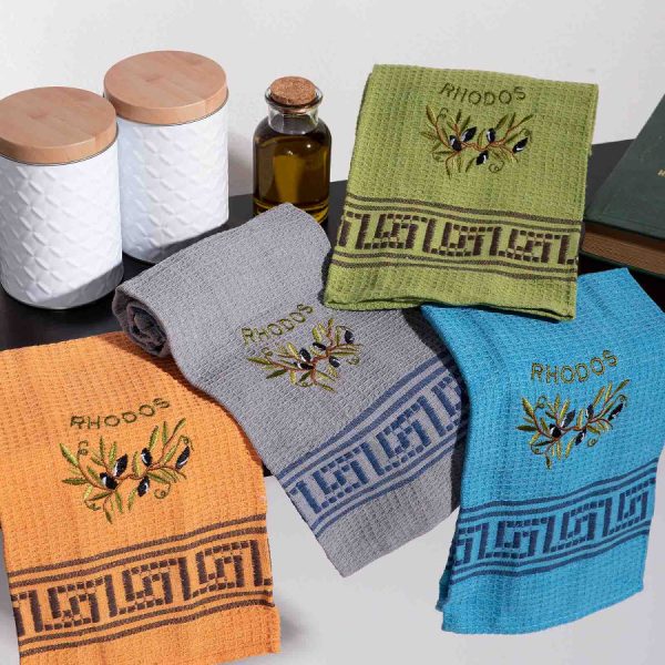 Σετ 12 τεμαχίων ποτηρόπανα (45cm x 65cm) κλαδί ελιάς χρωματιστό RHODES SilkFashion