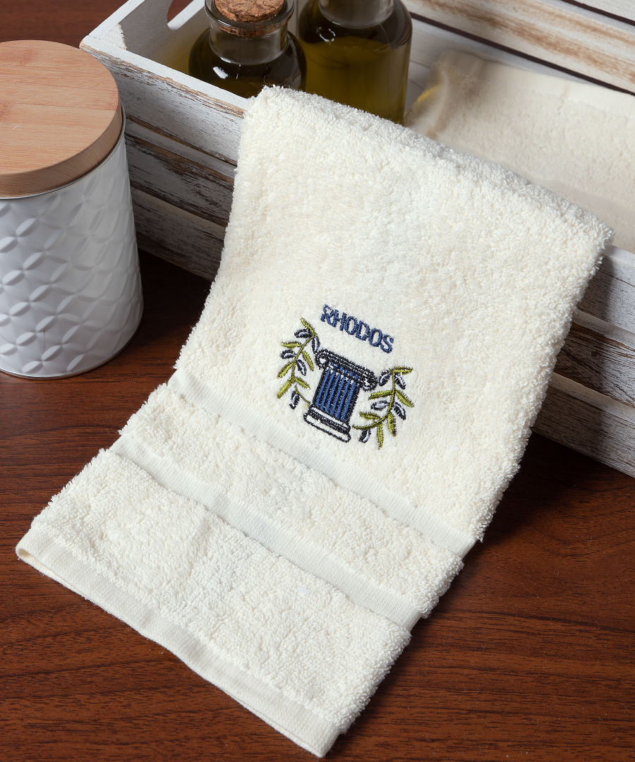 rhodos-mple-kionas-ivory Δωδεκάδα πετσέτες χεριών (30cm x 50cm) ivory με μπλέ κίωνα ΡΟΔΟΣ SilkFashion - Image 1