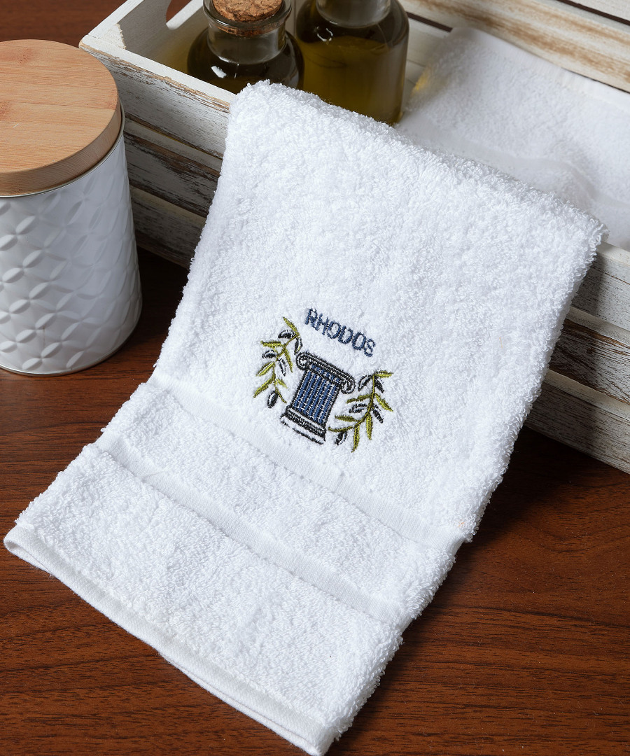 rhodos-mple-kionas-white Δωδεκάδα πετσέτες χεριών (30cm x 50cm) λευκό με μπλέ κίωνα ΡΟΔΟΣ SilkFashion - Image 1