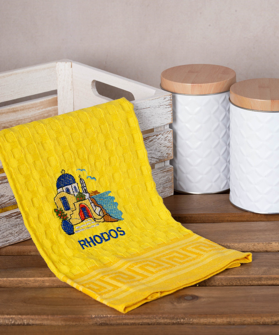 rhodos-naos-kitrino Σετ 12 τεμαχίων ποτηρόπανα γκοφρέ (50cm x 70cm) κίτρινο εκκλησία RHODES SilkFashion - Image 1