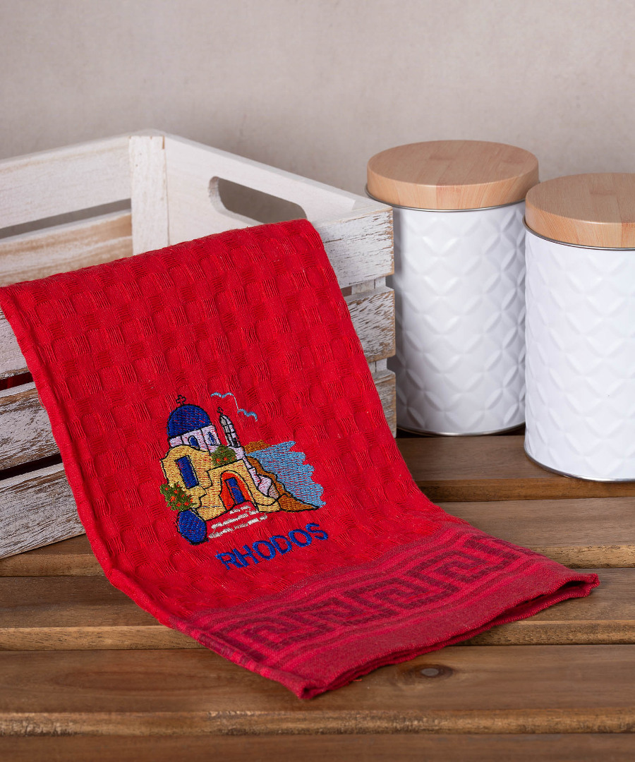 rhodos-naos-kokkino Σετ 12 τεμαχίων ποτηρόπανα γκοφρέ (50cm x 70cm) κόκκινη εκκλησία RHODES SilkFashion - Image 1