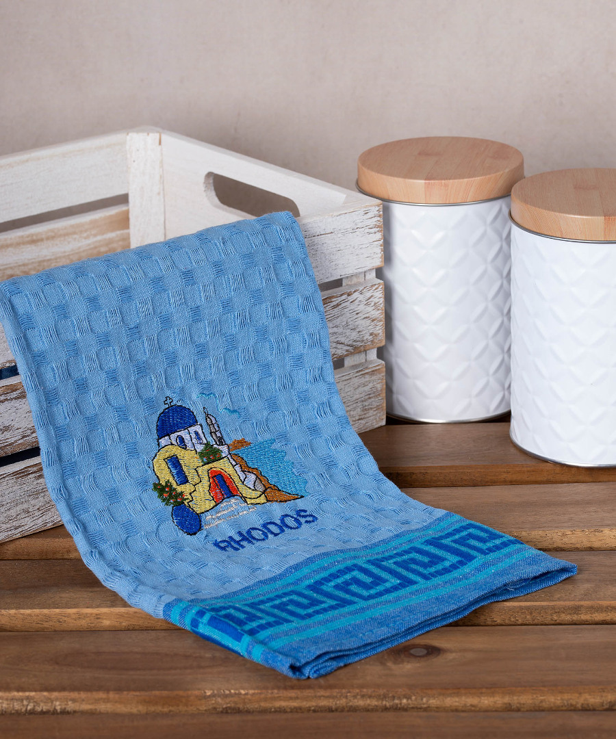 rhodos-naos-mple Σετ 12 τεμαχίων ποτηρόπανα γκοφρέ (50cm x 70cm) μπλέ εκκλησία RHODES SilkFashion - Image 1