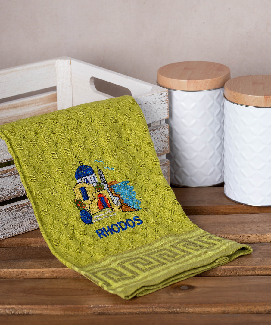 rhodos-naos-prasino Σετ 12 τεμαχίων ποτηρόπανα γκοφρέ (50cm x 70cm) πράσινη εκκλησία RHODES SilkFashion - Image 1