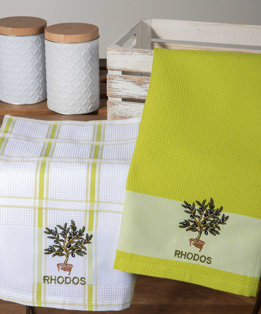 rhodos-prasino-glastra Σετ 2 τεμαχίων ποτηρόπανα (50cm x 70cm) γλάστρα πράσινο RHODES SilkFashion - Image 1