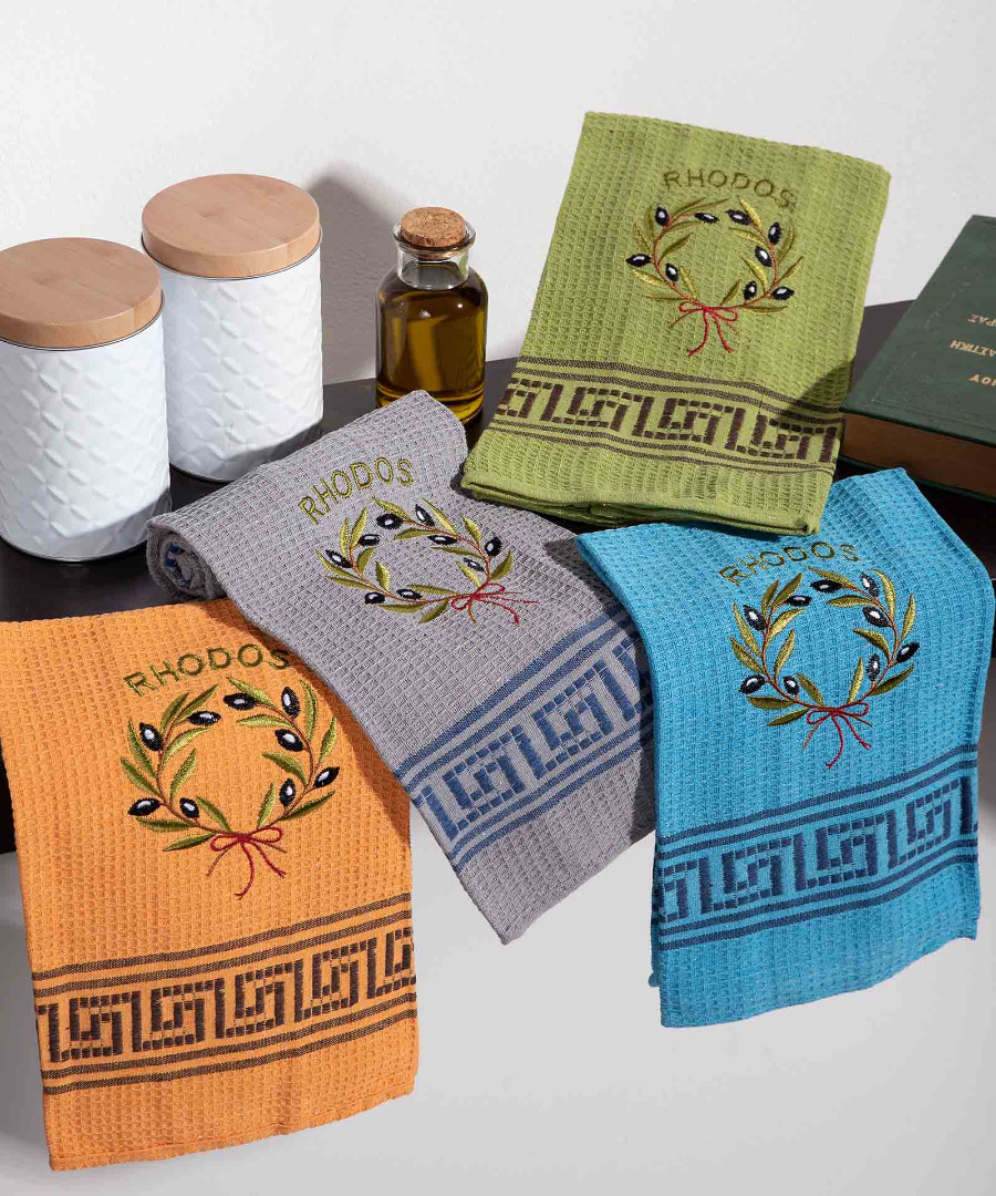 rhodos-stefani Σετ 12 τεμαχίων ποτηρόπανα (45cm x 65cm) στεφάνι ελιάς χρωματιστό RHODES SilkFashion - Image 1