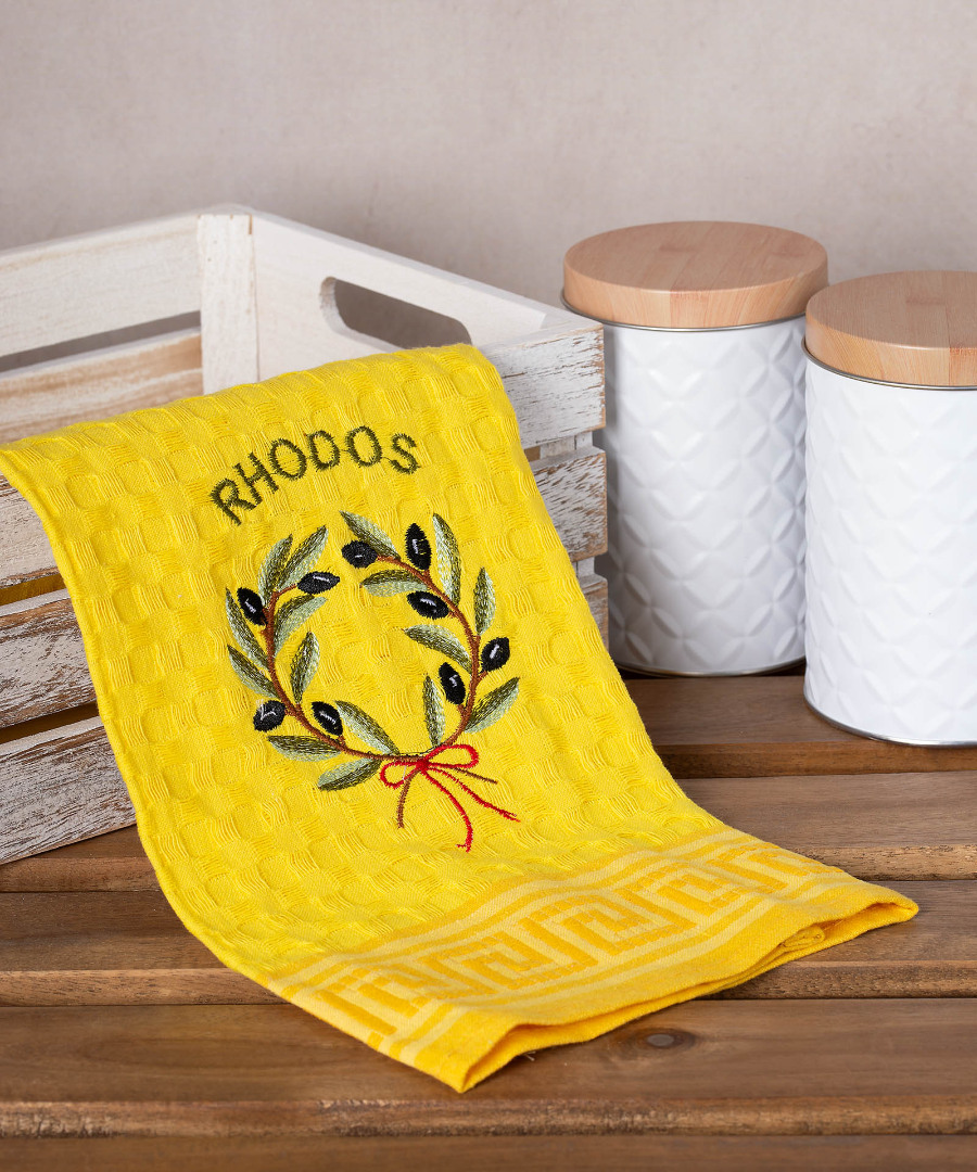 rhodos-stefani-kitrino Σετ 12 τεμαχίων ποτηρόπανα γκοφρέ (50cm x 70cm) κίτρινο στεφάνι RHODES SilkFashion - Image 1