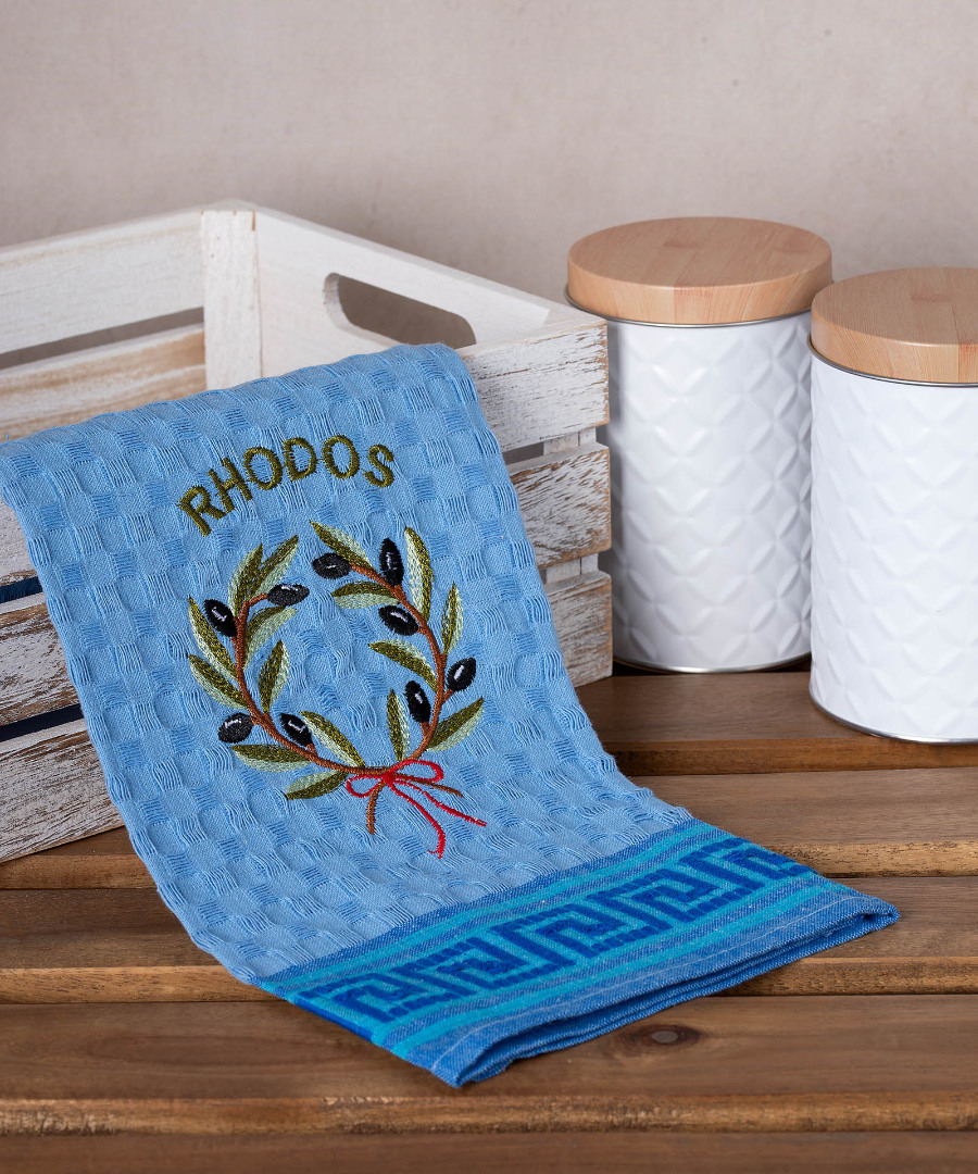 rhodos-stefani-mple Σετ 12 τεμαχίων ποτηρόπανα γκοφρέ (50cm x 70cm) μπλέ στεφάνι RHODES SilkFashion - Image 1