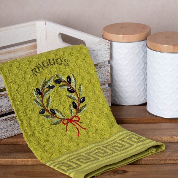 Σετ 12 τεμαχίων ποτηρόπανα γκοφρέ (50cm x 70cm) πράσινο στεφάνι RHODES SilkFashion