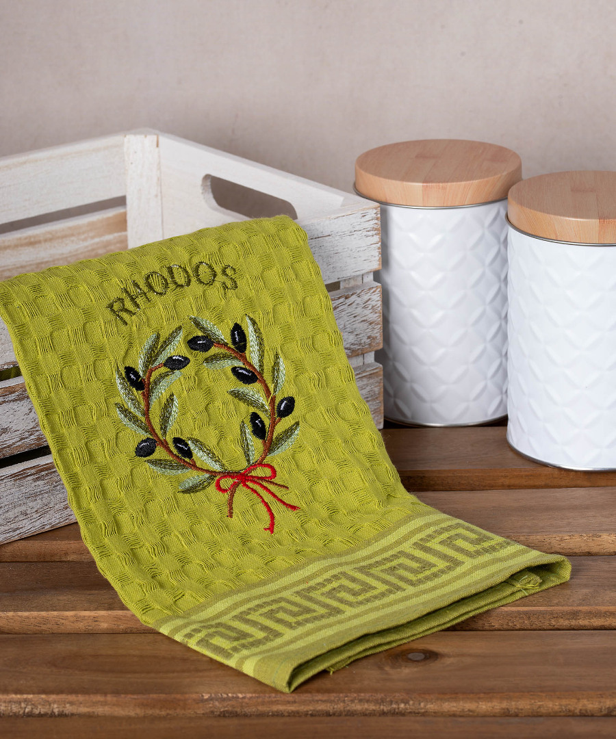 rhodos-stefani-prasino Σετ 12 τεμαχίων ποτηρόπανα γκοφρέ (50cm x 70cm) πράσινο στεφάνι RHODES SilkFashion - Image 1