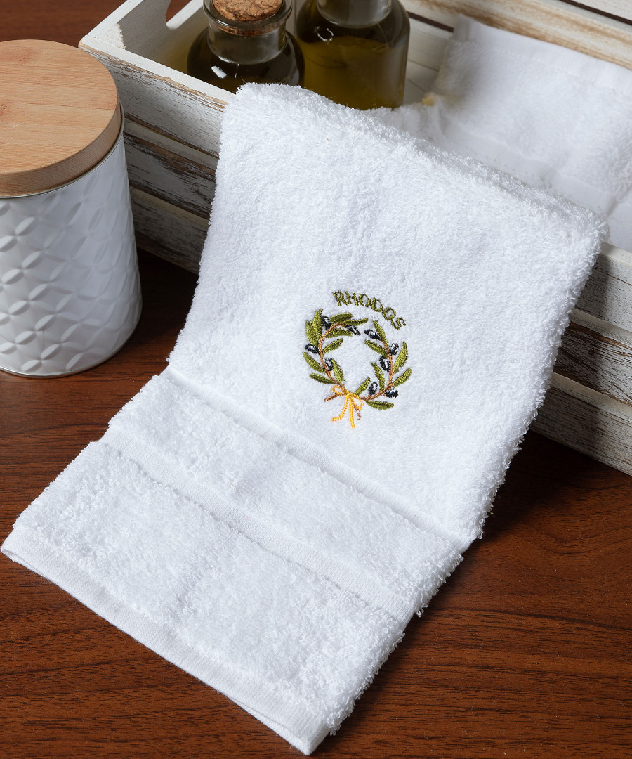 rhodos-stefani-white Δωδεκάδα πετσέτες χεριών (30cm x 50cm) λευκό με στεφάνι ΡΟΔΟΣ SilkFashion - Image 1
