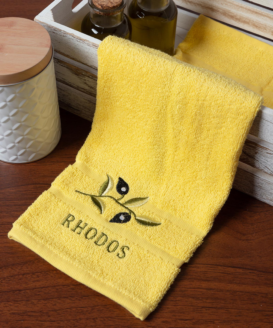 rhodos-yellow Δωδεκάδα πετσέτες χεριών (30cm x 50cm) κίτρινο με κλαδί ΡΟΔΟΣ SilkFashion - Image 1