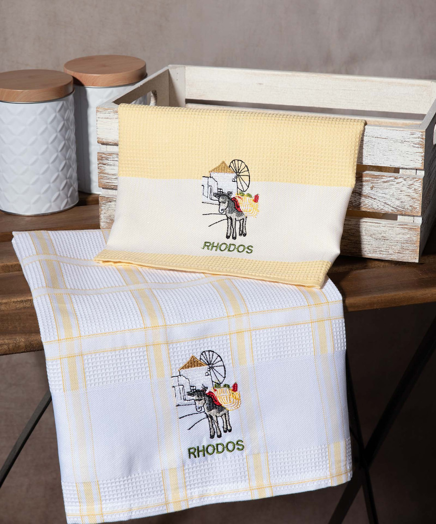 rodos-kitrino-anemomylos Σετ 2 τεμαχίων ποτηρόπανα (50cm x 70cm) ανεμόμυλος κίτρινο RHODES SilkFashion - Image 1