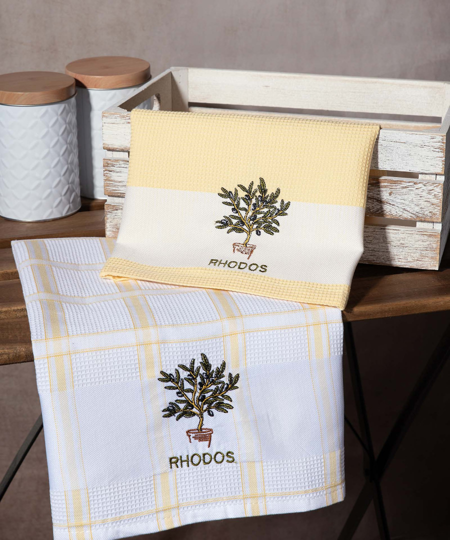 rodos-kitrino-glastra Σετ 2 τεμαχίων ποτηρόπανα (50cm x 70cm) γλάστρα κίτρινο RHODES SilkFashion - Image 1